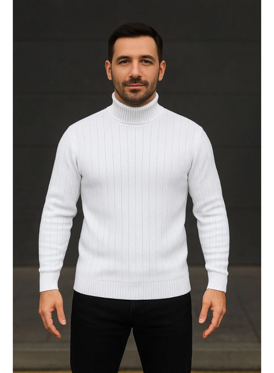 Erkek Balıkcı Yaka Bağazlı Triko Kazak Pamuklu Kalın Fitilli Dokuma, Regular Fit Uzun Kollu Kışlık Model - Beyaz