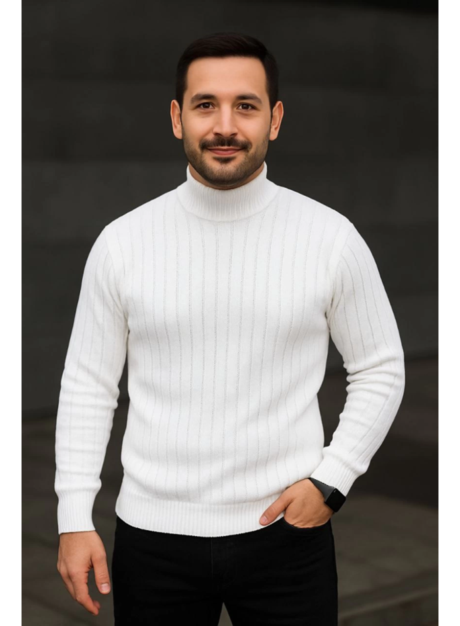 Erkek Balıkcı Yaka Bağazlı Triko Kazak Pamuklu Kalın Fitilli Dokuma, Regular Fit Uzun Kollu Kışlık Model - Beyaz