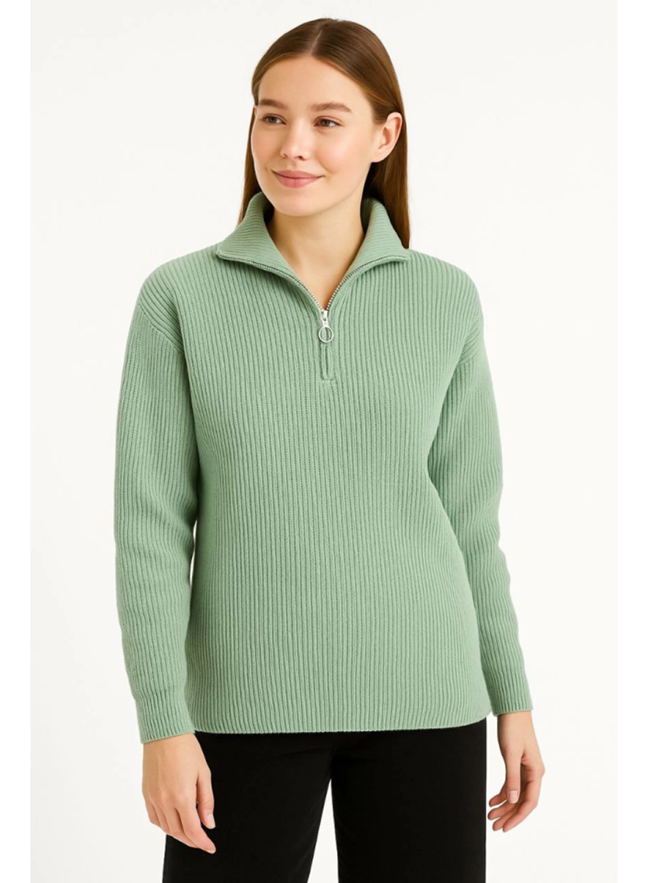 KADIN Yarım Fermuarlı Triko Kazak – Selanik Örgü, Dik Yaka, Pamuklu Dokuma, Oversize Uzun Kollu Kışlık Model - Mint Yeşili