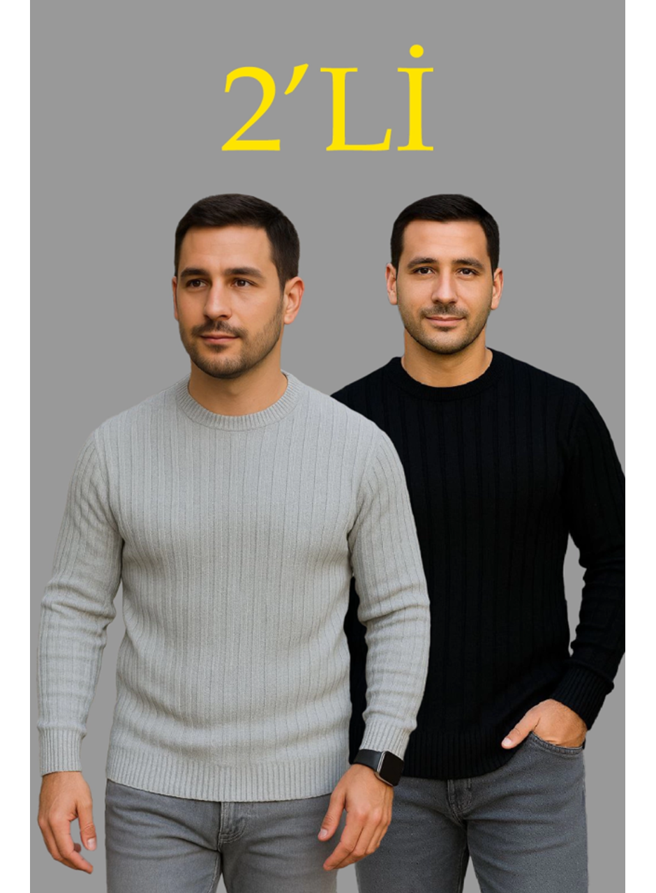 Erkek Fitilli Triko Kazak 2’li Set – Siyah - Gri, Kalın Dokuma Pamuklu Regular Fit Bisiklet Yaka Uzun Kollu Rahat Kışlık Kazak Kombini