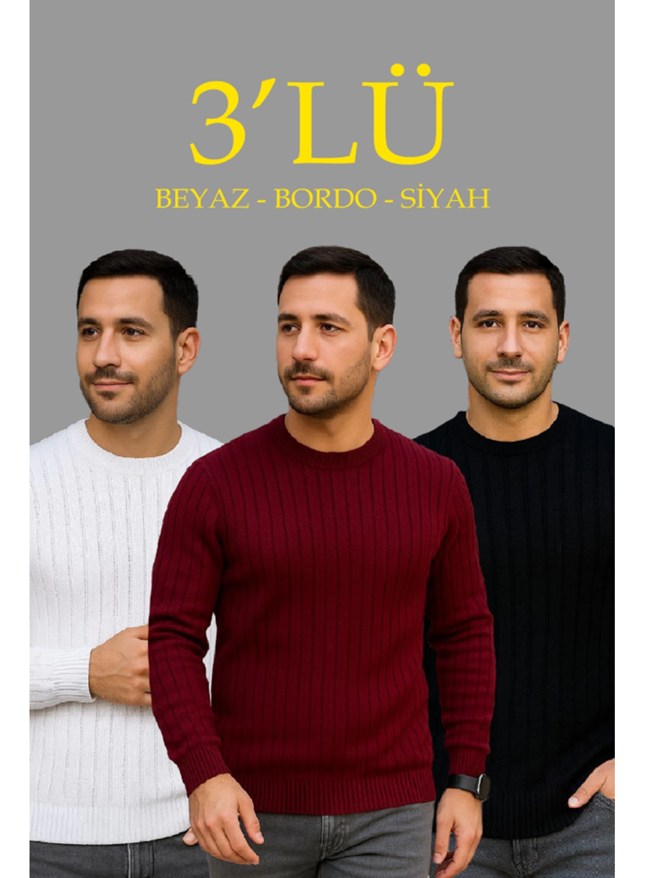 Erkek Fitilli Triko Kazak 3lü Set Beyaz Bordo Siyah Regular Fit Bisiklet Yaka Triko Seti