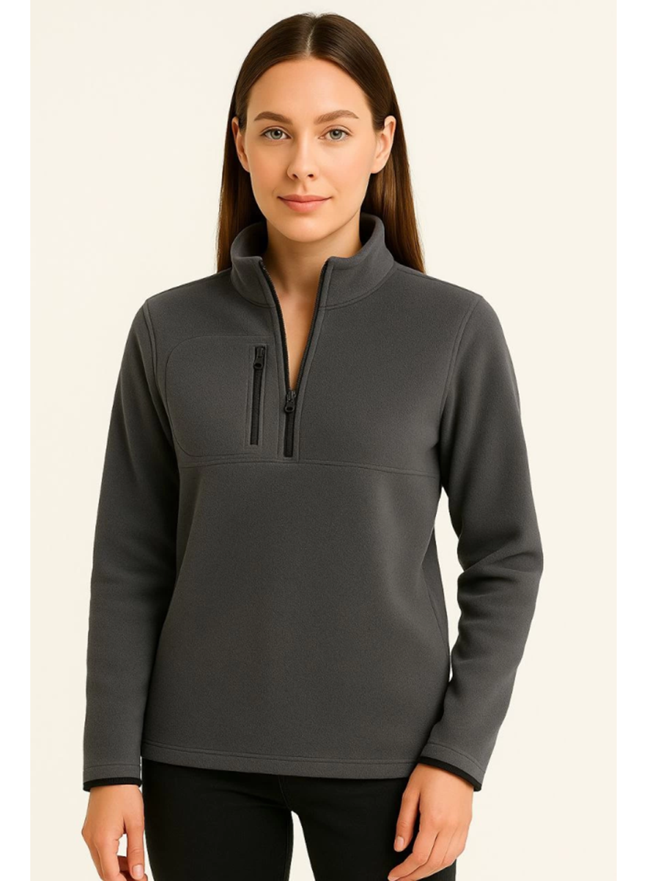 Polar Kazak – Dik Yaka, Yarım Fermuarlı, Fermuarlı Göğüs Cepli, Siyah Biyeli, Kışlık Rahat Regular Fit Günlük Model - Füme