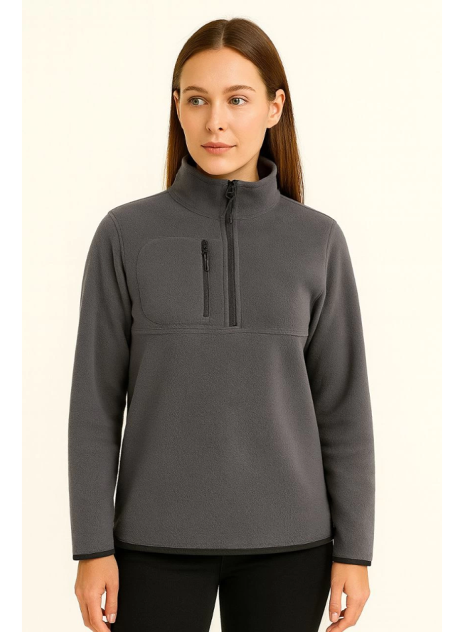 Polar Kazak – Dik Yaka, Yarım Fermuarlı, Fermuarlı Göğüs Cepli, Siyah Biyeli, Kışlık Rahat Regular Fit Günlük Model - Füme