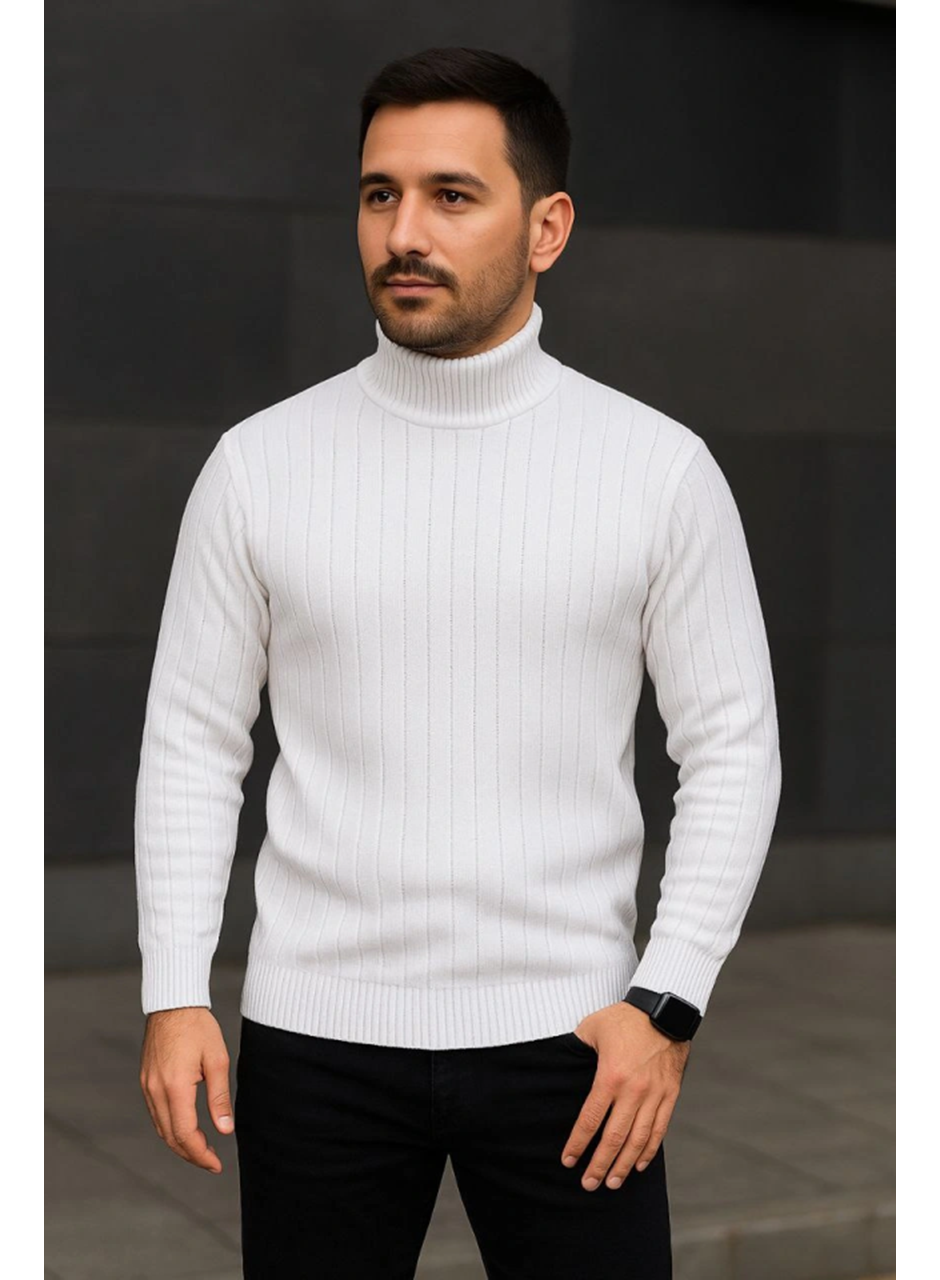 Erkek Fitilli Triko Kazak 2li Set Beyaz Siyah Regular Balıkcı Yaka Tam Boğazlı Triko Seti Modeli Kazak