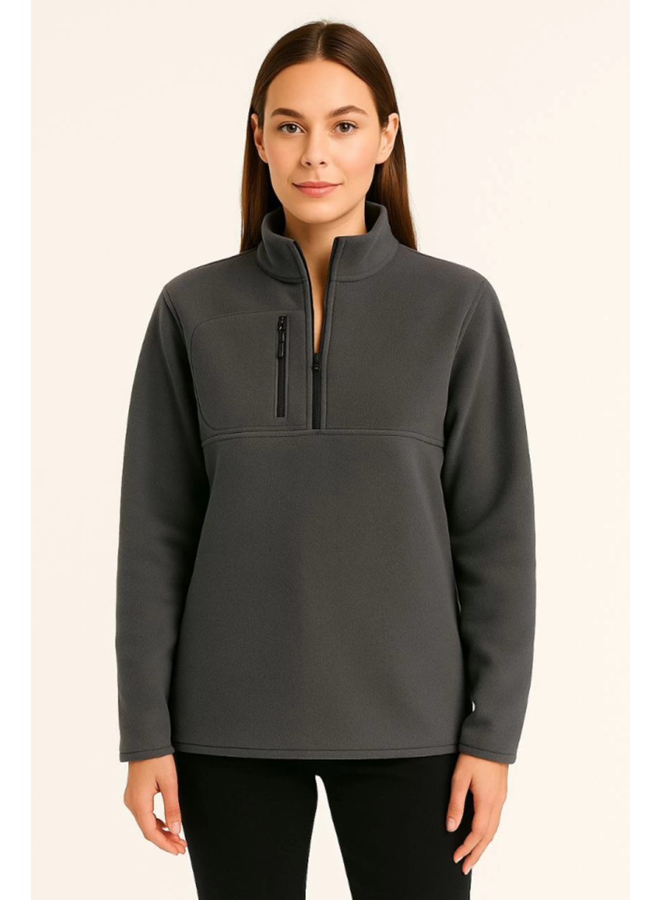 Polar Kazak – Dik Yaka, Yarım Fermuarlı, Fermuarlı Göğüs Cepli, Siyah Biyeli, Kışlık Rahat Regular Fit Günlük Model - Füme