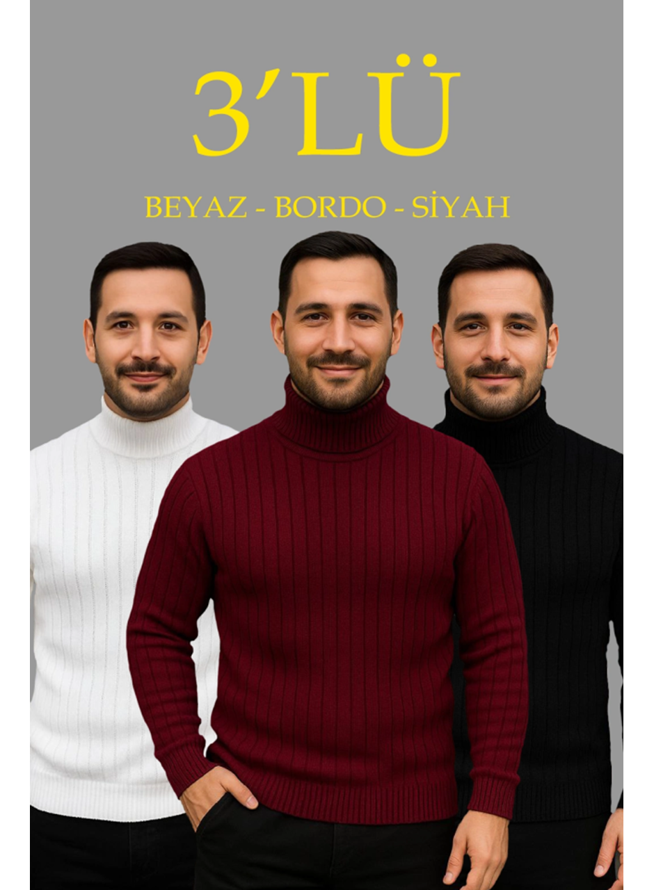 Erkek Fitilli Triko Kazak 3lÜ Set Beyaz Bordo Siyah Regular Balıkcı Yaka Tam Boğazlı Triko Seti Modeli Kazak