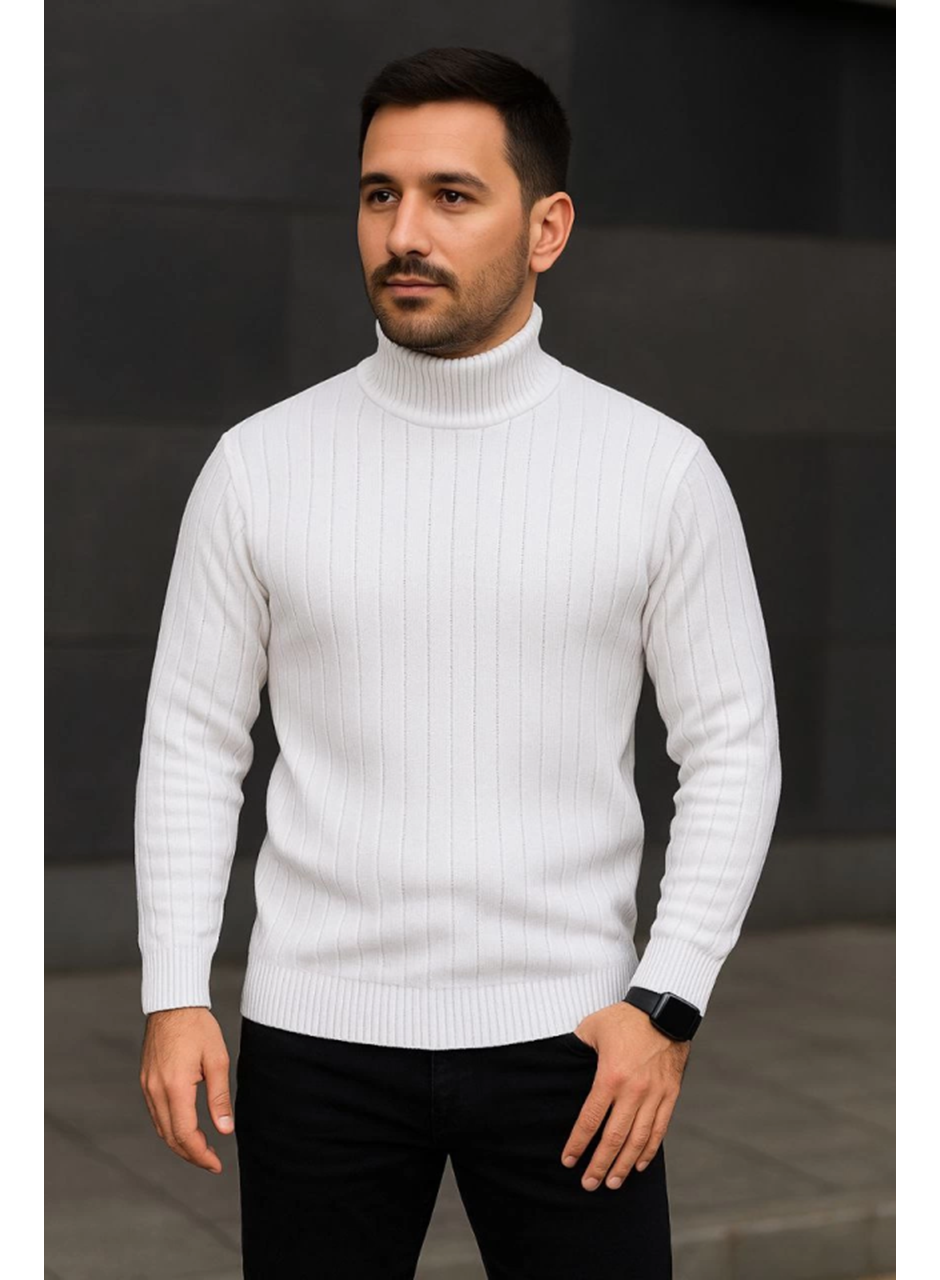 Erkek Balıkcı Yaka Bağazlı Triko Kazak Pamuklu Kalın Fitilli Dokuma, Regular Fit Uzun Kollu Kışlık Model - Beyaz