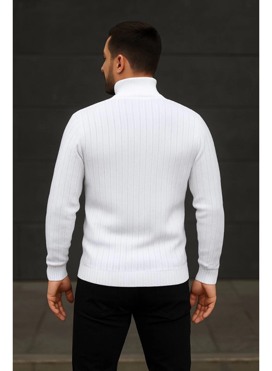 Erkek Balıkcı Yaka Bağazlı Triko Kazak Pamuklu Kalın Fitilli Dokuma, Regular Fit Uzun Kollu Kışlık Model - Beyaz