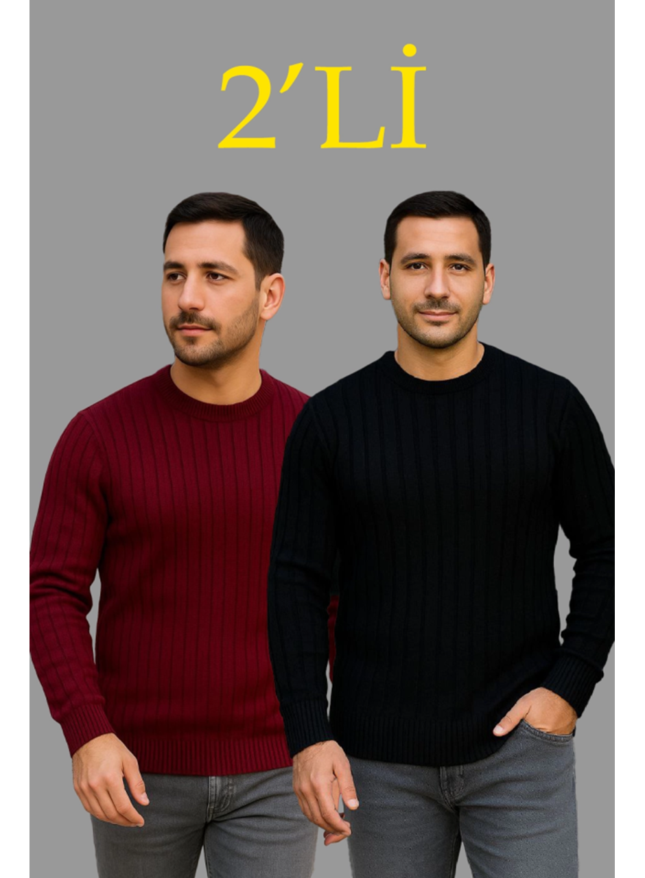 Erkek Fitilli Triko Kazak 2’li Set – Siyah - Bordo, Kalın Dokuma Pamuklu Regular Fit Bisiklet Yaka Uzun Kollu Rahat Kışlık Kazak Kombini