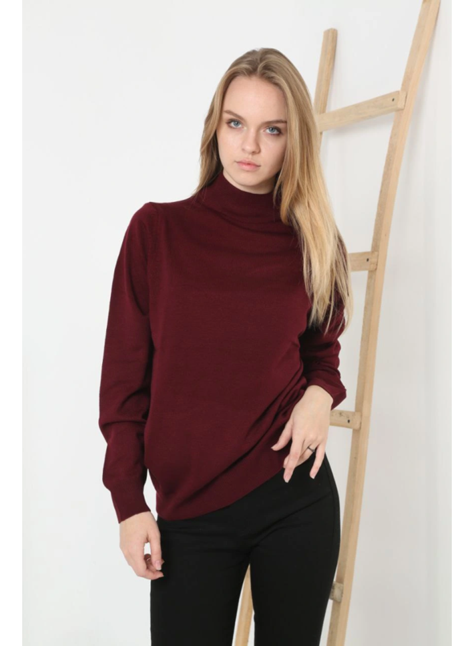 Yarım Boğaz Triko Kazak Yumuşak Dokulu Pamuklu Ince Dokuma, Uzun Kollu Rahat Regular Kalıp - Bordo