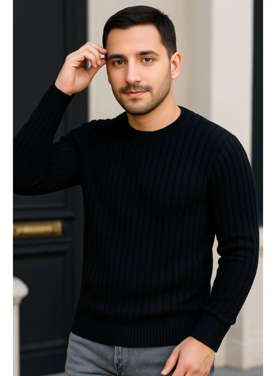 Erkek Fitilli Triko Kazak 2’li Set – Siyah - Bordo, Kalın Dokuma Pamuklu Regular Fit Bisiklet Yaka Uzun Kollu Rahat Kışlık Kazak Kombini