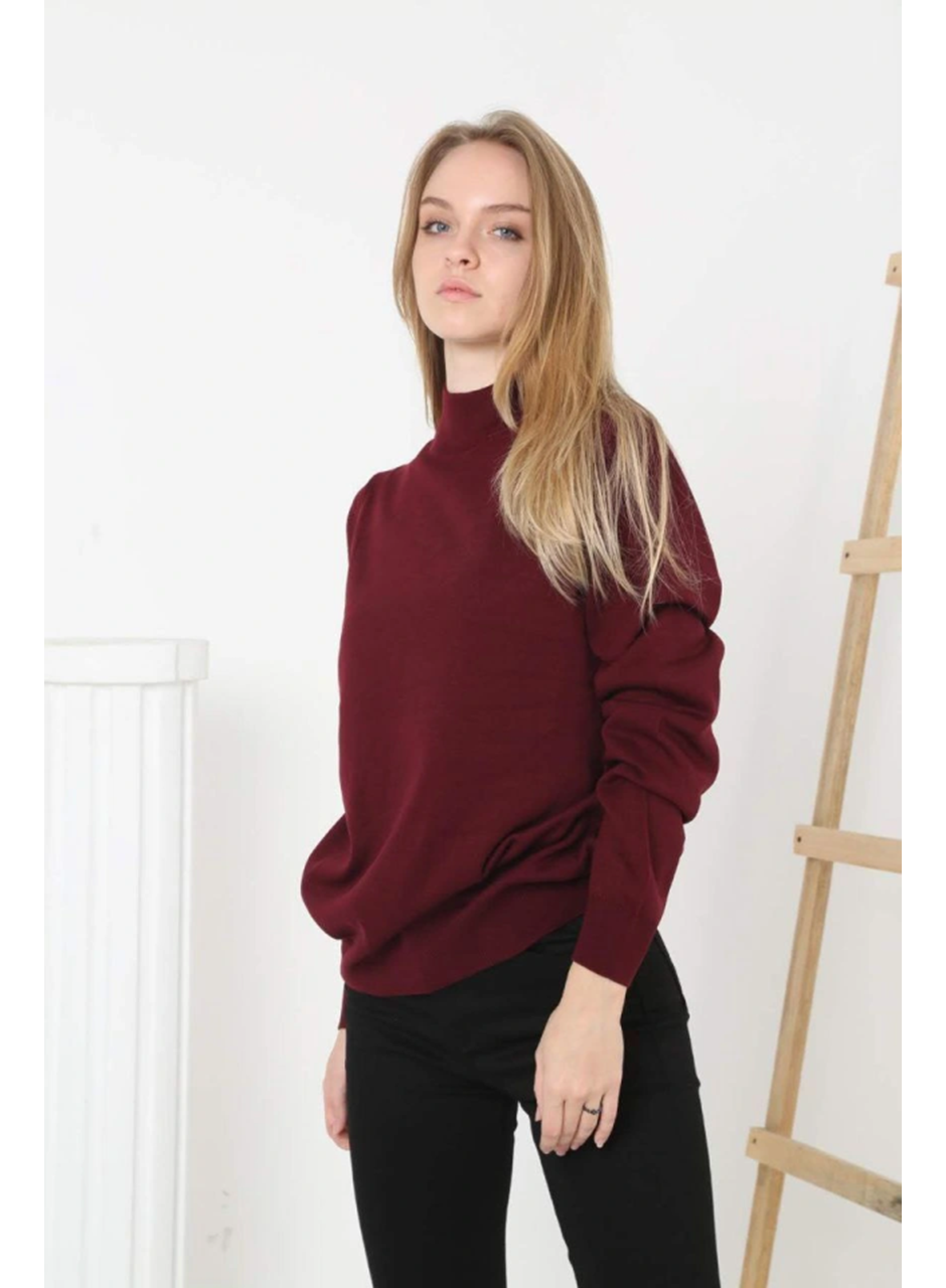 Yarım Boğaz Triko Kazak Yumuşak Dokulu Pamuklu Ince Dokuma, Uzun Kollu Rahat Regular Kalıp - Bordo