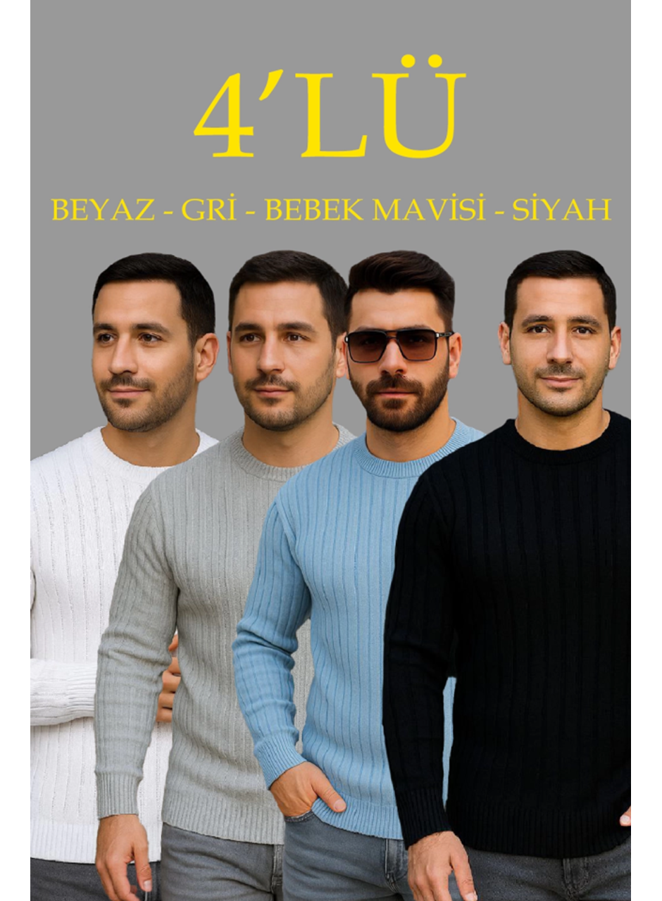 Erkek Fitilli Triko Kazak 4’lü Set – Beyaz, Bebek Mavisi, Gri, SiyahKalın Dokuma Pamuklu Regular Fit Bisiklet Yaka Uzun Kollu Kışlık Ve Baharlık Rahat Triko Kombini