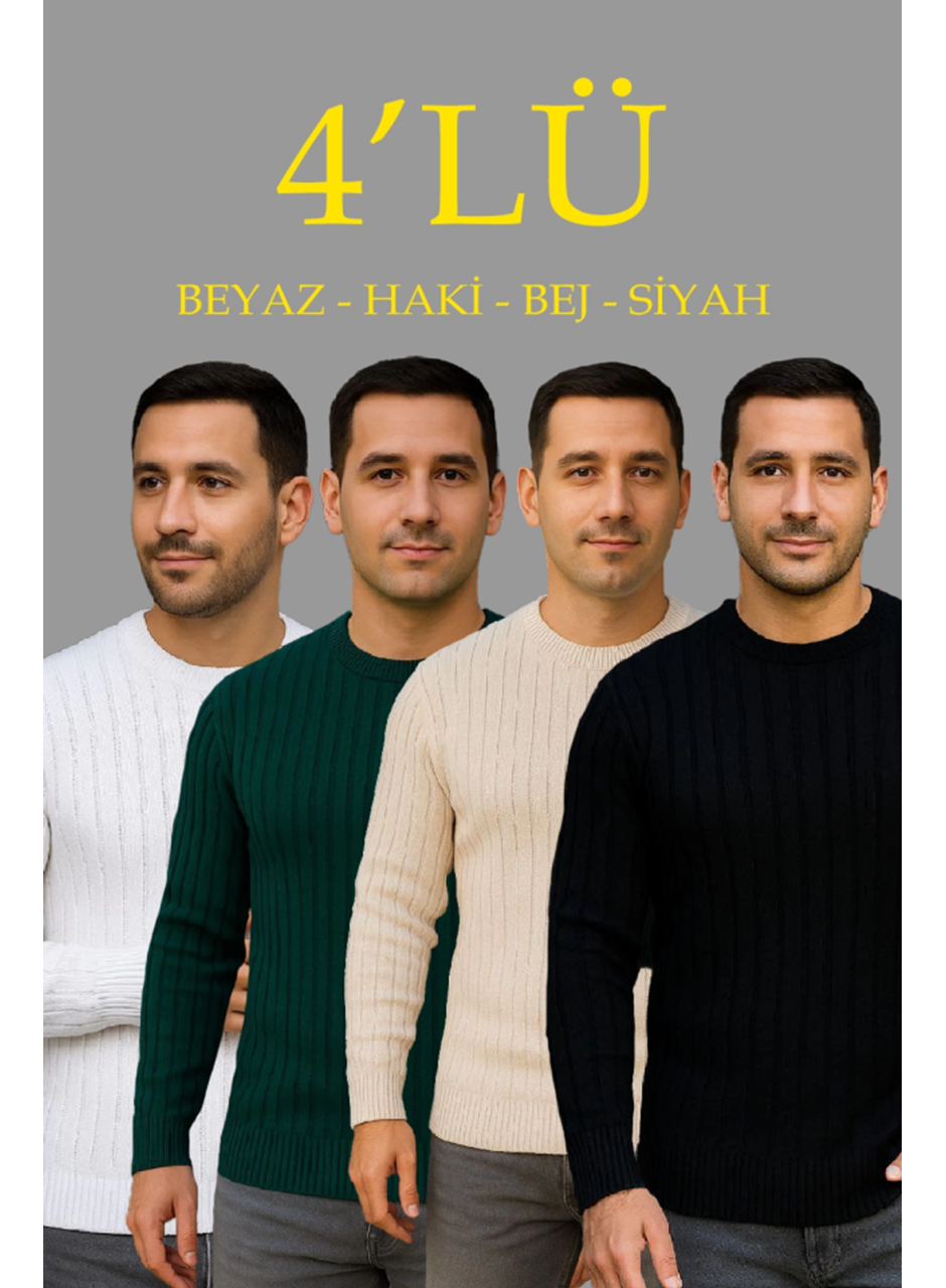 Erkek Fitilli Triko Kazak 4’lü Set – Beyaz, Haki, Bej, SiyahKalın Dokuma Pamuklu Regular Fit Bisiklet Yaka Uzun Kollu Kışlık Ve Baharlık Rahat Triko Kombini