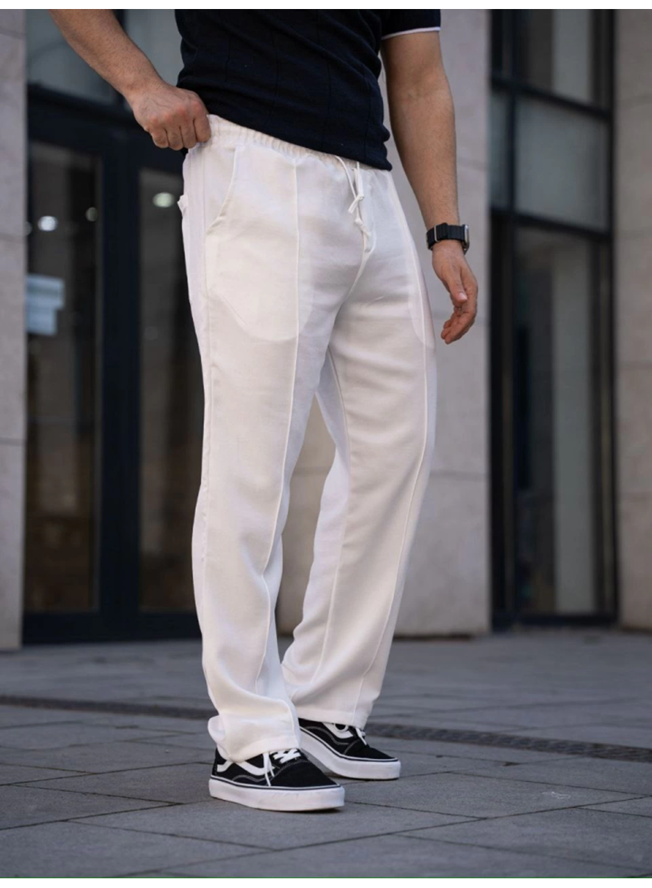 Erkek Keten Cepli Çıma Dikişli Jogger Buggy Pantalon Rahat Kalıp - Beyaz