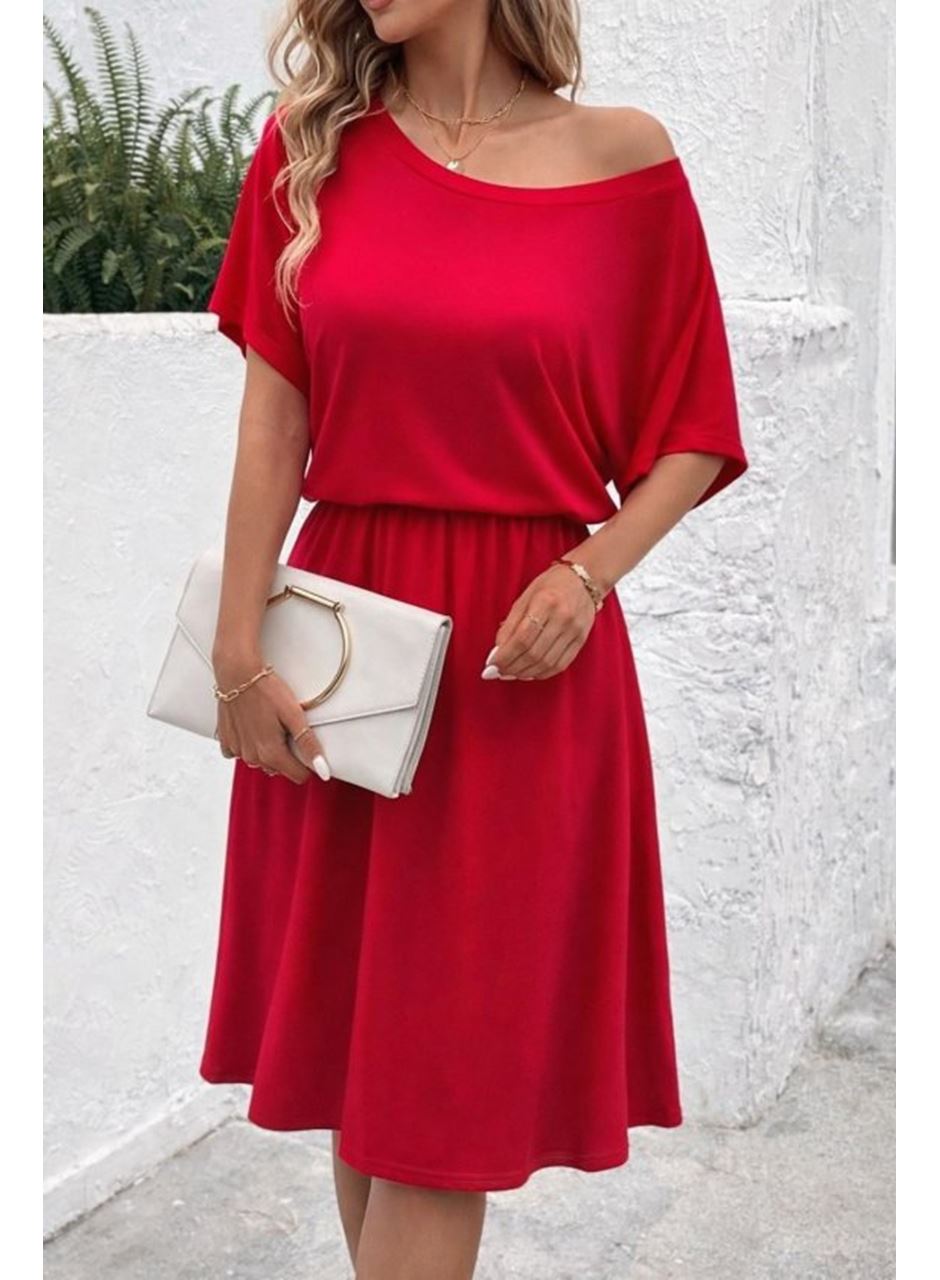 Kadın Kısa Kollu Omuzdan Açık Kiloş Midi Viskon Elbise