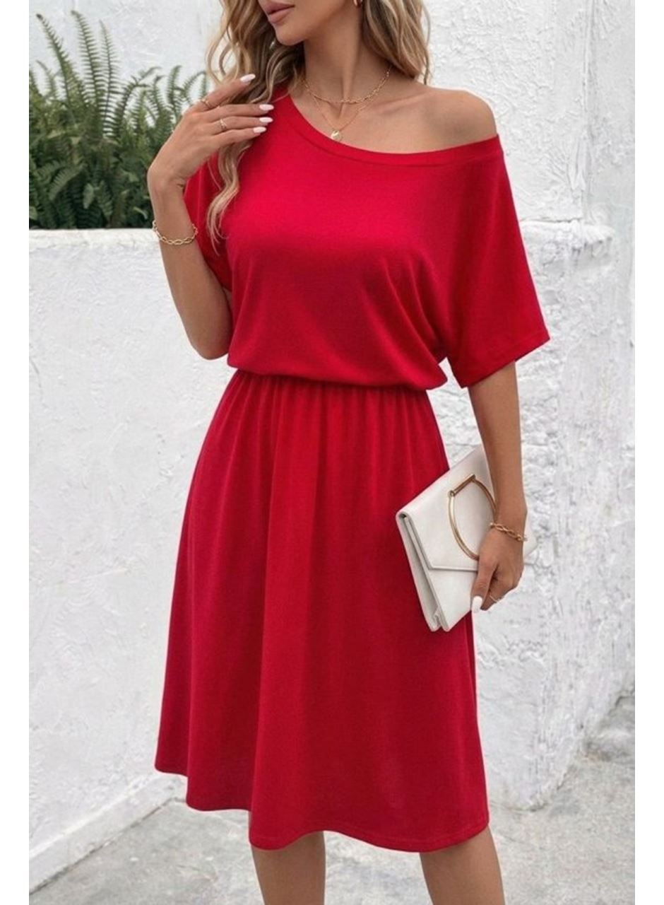 Kadın Kısa Kollu Omuzdan Açık Kiloş Midi Viskon Elbise