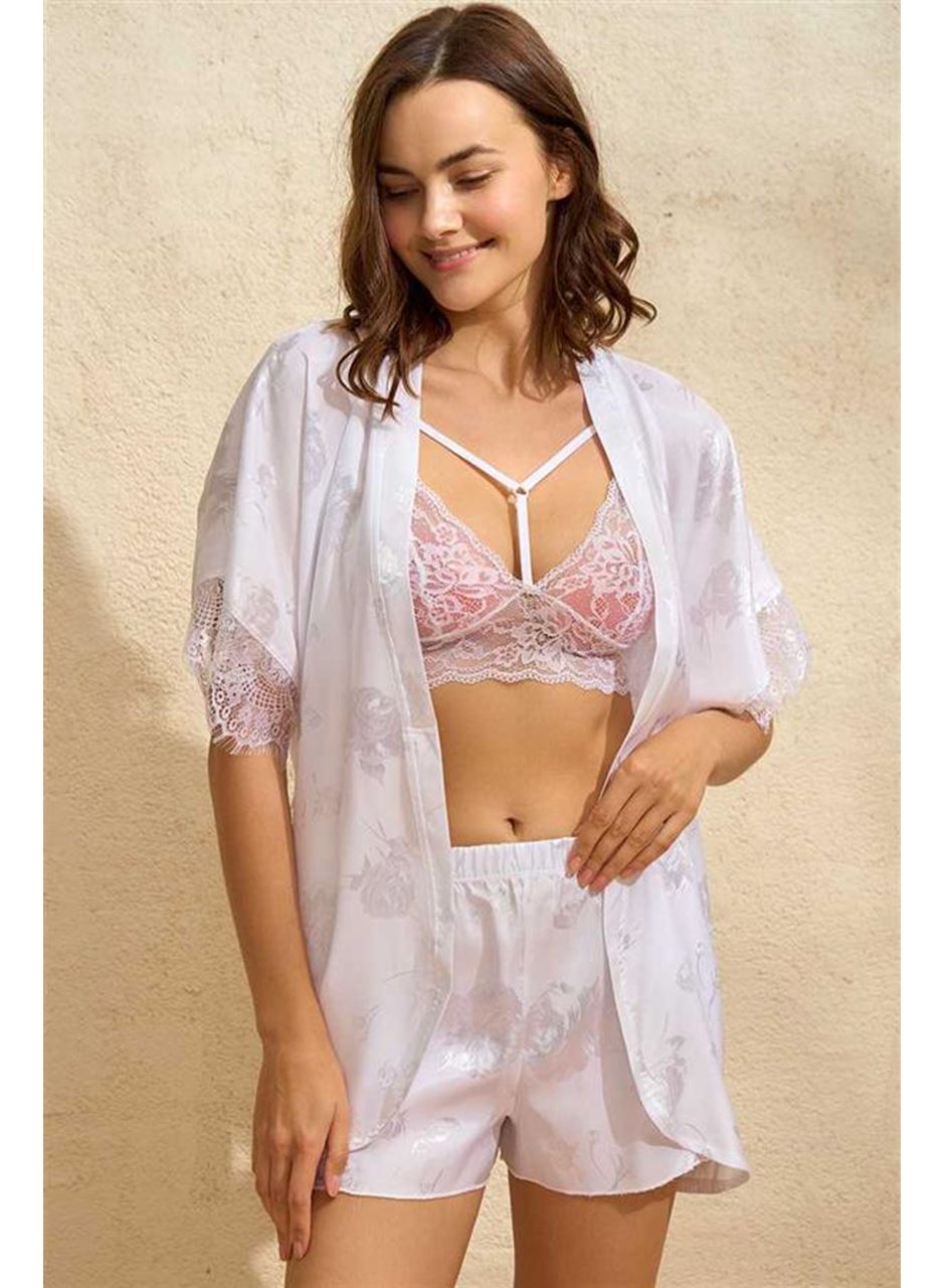 Kadın Saten Bride Baskılı Dantelli Sabahlık Balensiz Desteksiz Dolgusuz Bralet Sütyen ve Şort 3'lü Takım (4777)