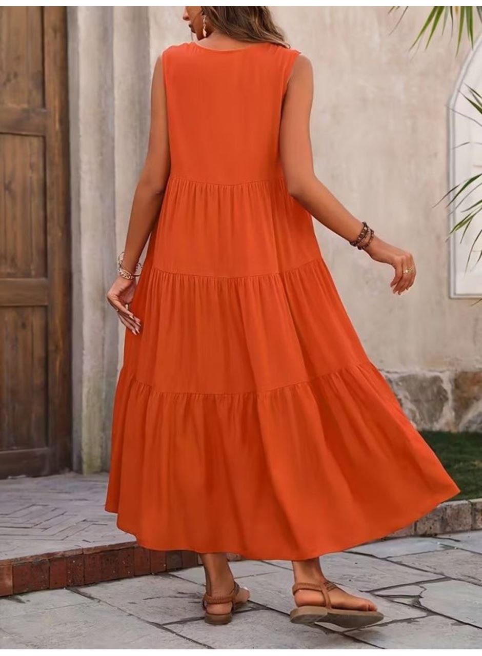 Kadın Askılı V Yakalı Uzun Dokuma Viskon Elbise