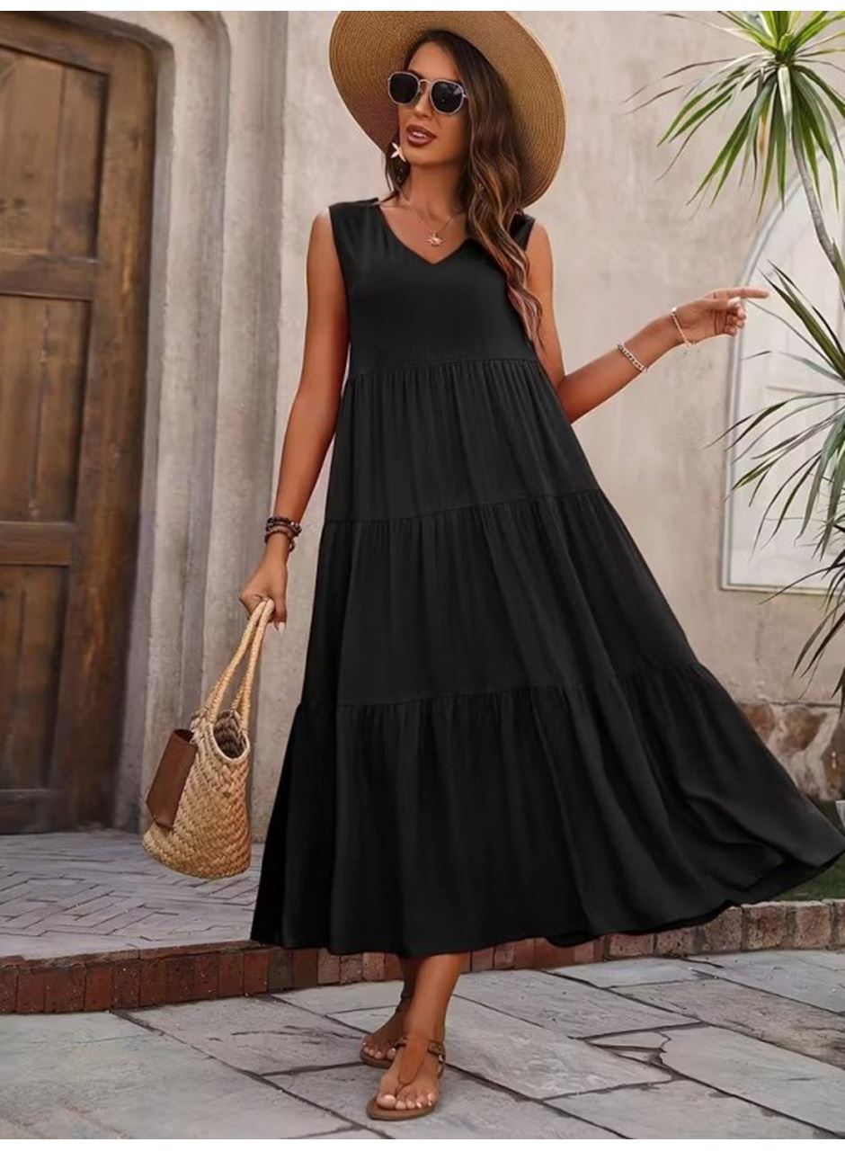 Kadın Askılı V Yakalı Uzun Dokuma Viskon Elbise