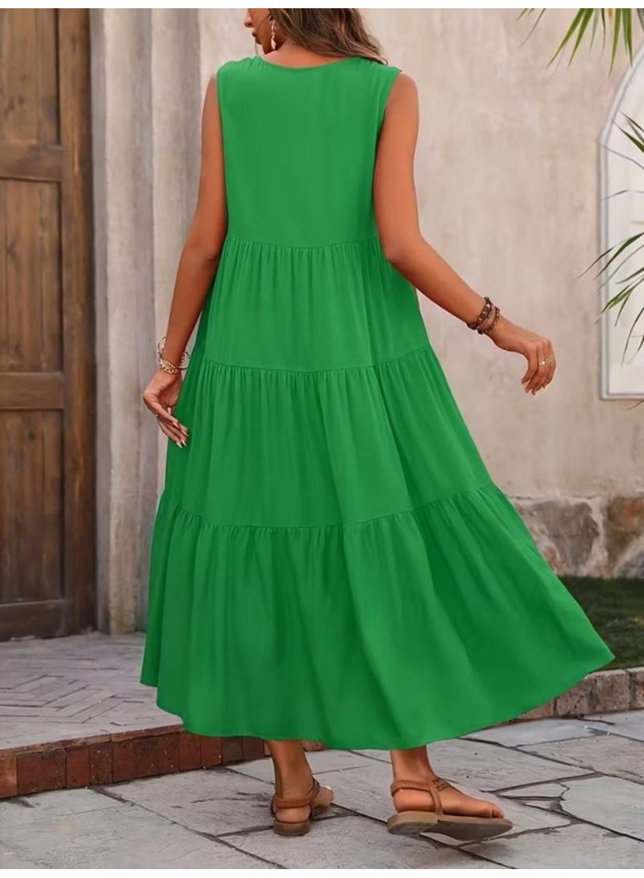 Kadın Askılı V Yakalı Uzun Dokuma Viskon Elbise