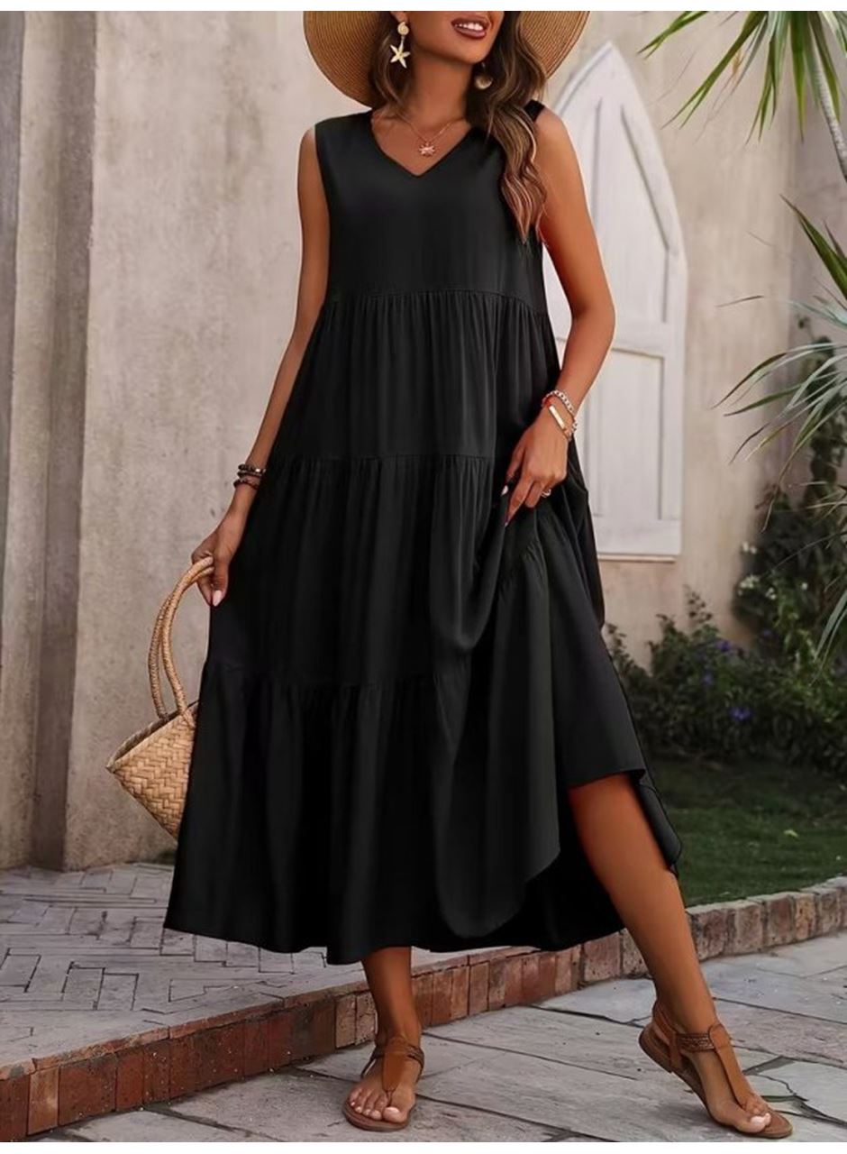 Kadın Askılı V Yakalı Uzun Dokuma Viskon Elbise