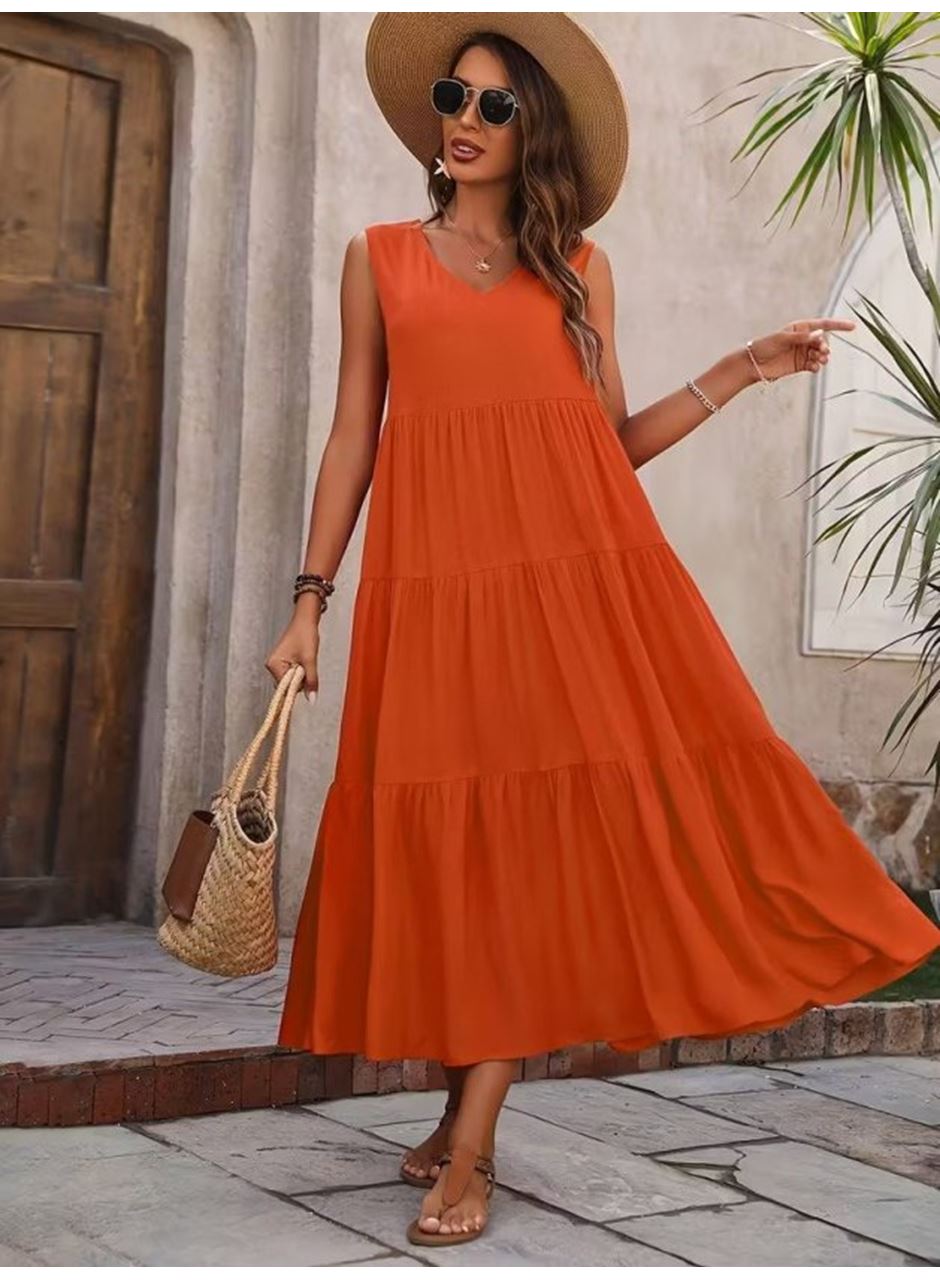 Kadın Askılı V Yakalı Uzun Dokuma Viskon Elbise