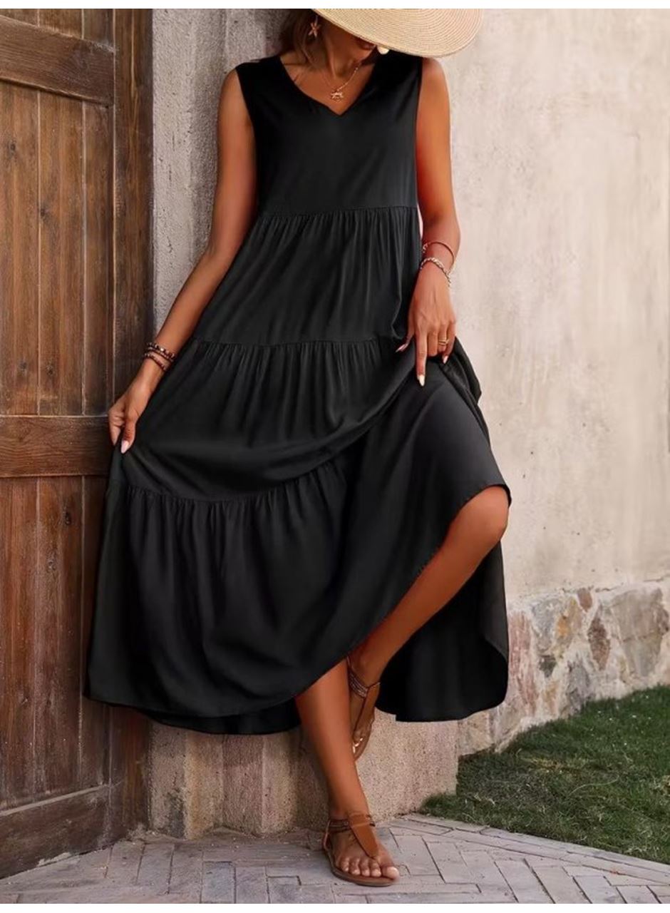 Kadın Askılı V Yakalı Uzun Dokuma Viskon Elbise