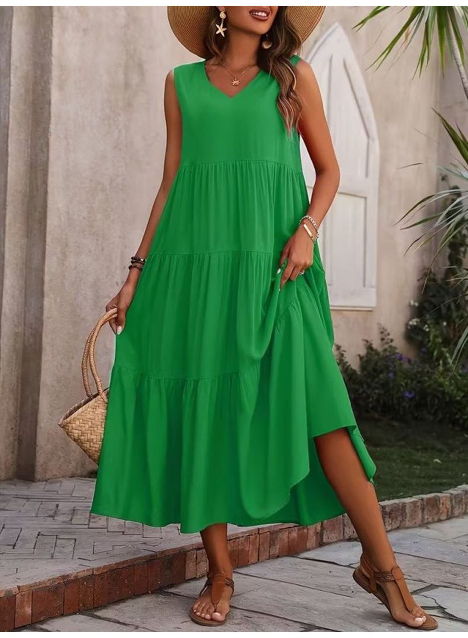 Kadın Askılı V Yakalı Uzun Dokuma Viskon Elbise