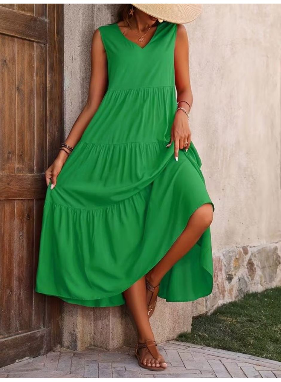 Kadın Askılı V Yakalı Uzun Dokuma Viskon Elbise