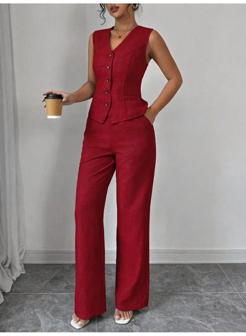 Kadın Askılı önden Düğmeli Bluz Ve Pantolon Keten Ikili Takım