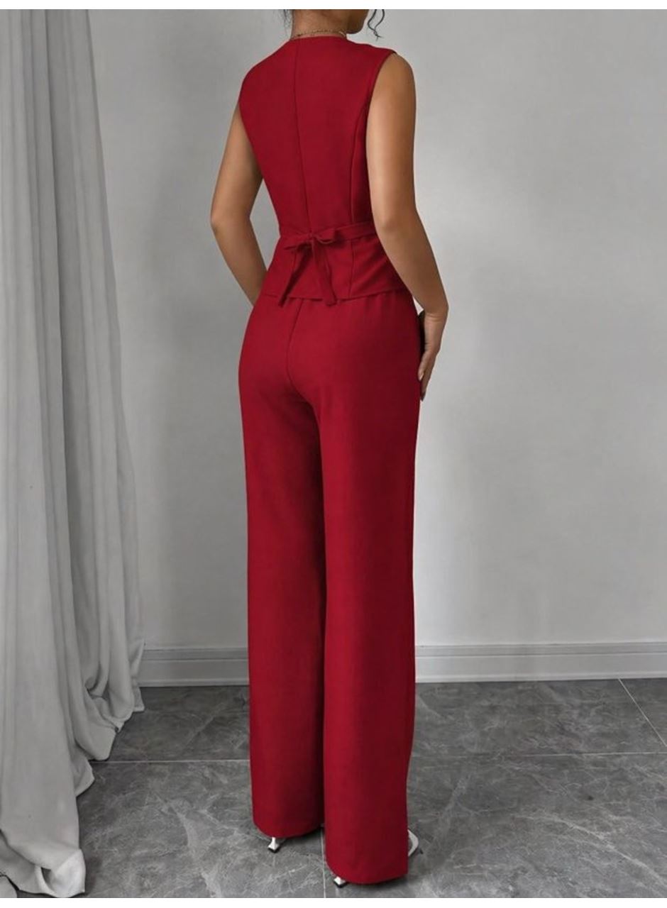 Kadın Askılı önden Düğmeli Bluz Ve Pantolon Keten Ikili Takım