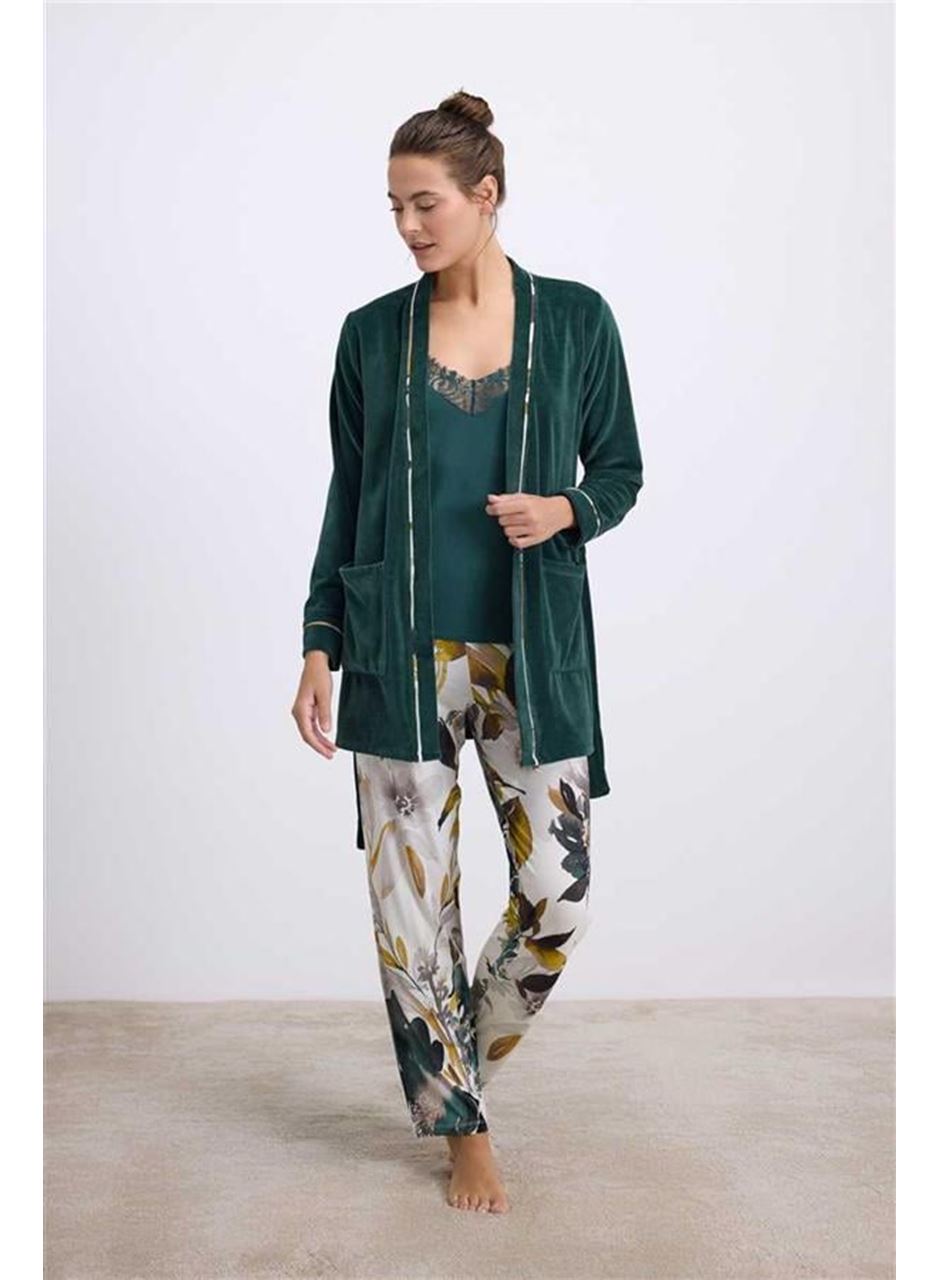 Anıl Kadın Kadife Sabahlık, Dantelli Atlet ve Desenli Pantolon Pijama Takım 11554