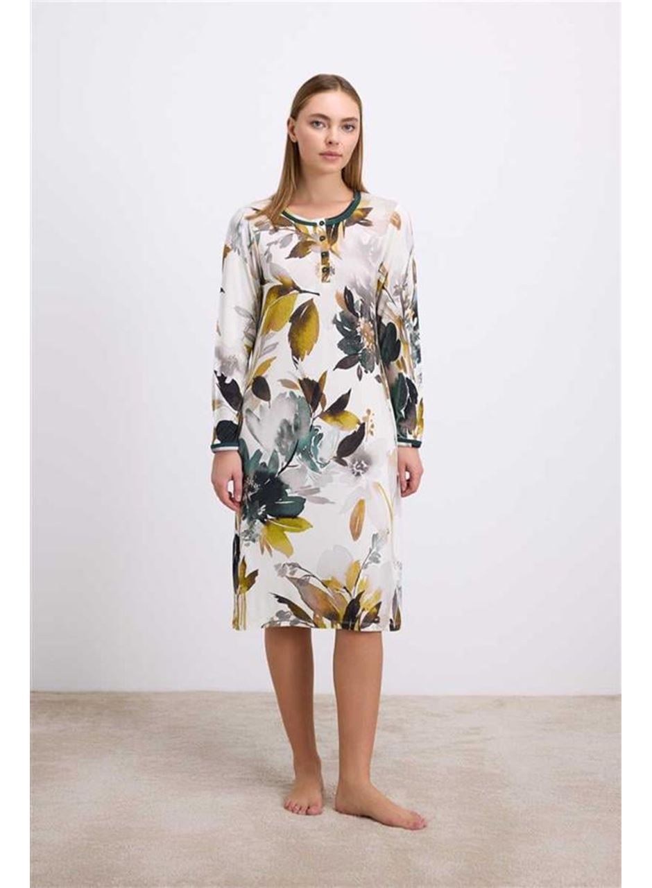 Anil Kadın Uzun Kollu Çiçek Desenli Lenzing Viskon, Düğmeli Yaka Detaylı Gecelik 11553