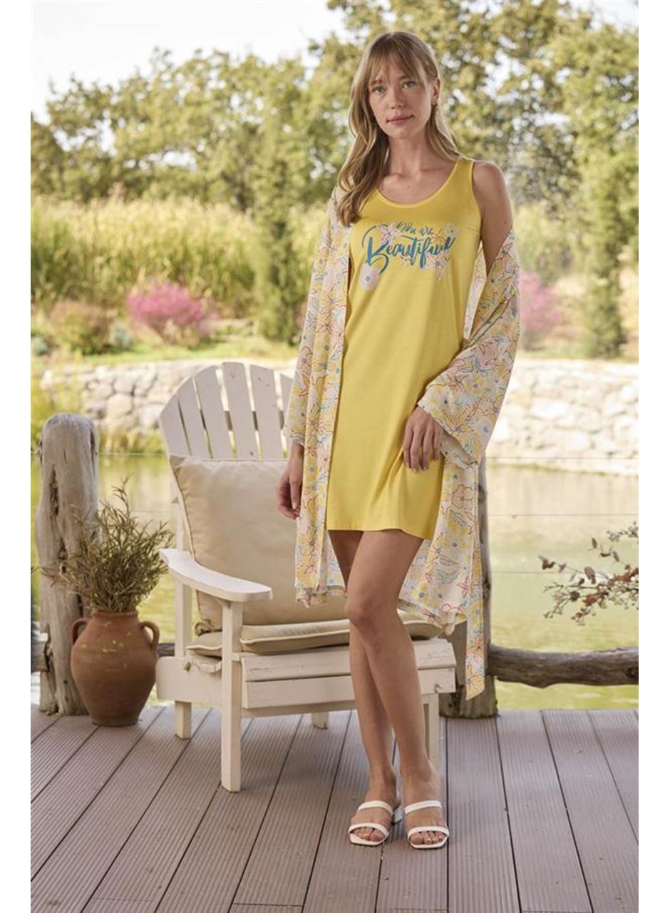 Çiçek ve Yaprak Desenli ve Baskılı "You Are Beautiful" Sabahlık Takımı