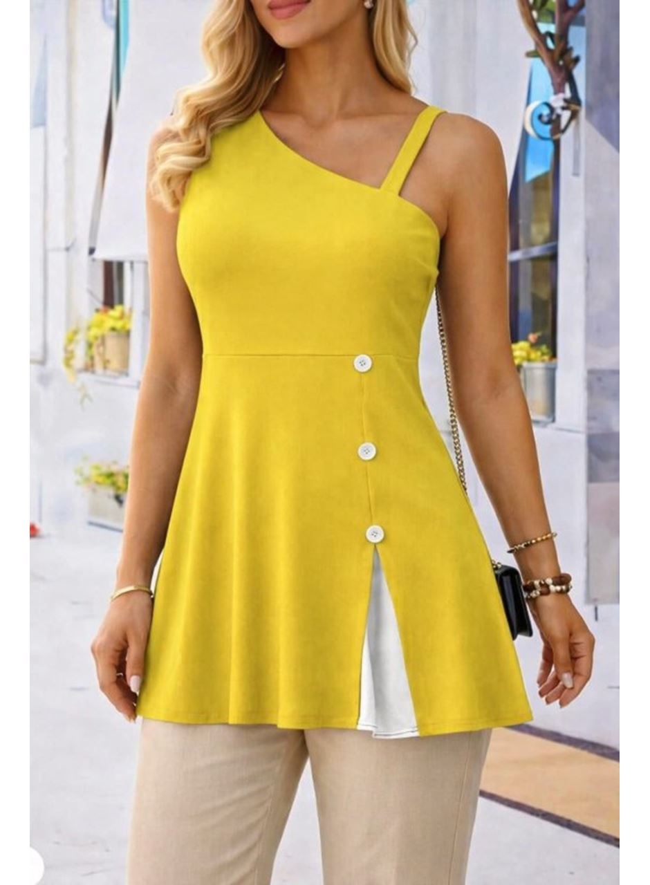 Kadın Tek Omuzdan Askılı şerit Detaylı Düğmeli Viskon Bluz