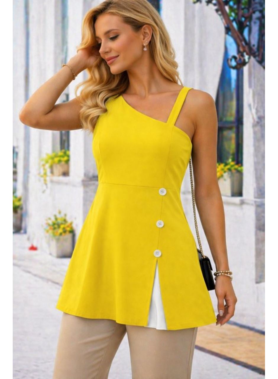 Kadın Tek Omuzdan Askılı şerit Detaylı Düğmeli Viskon Bluz