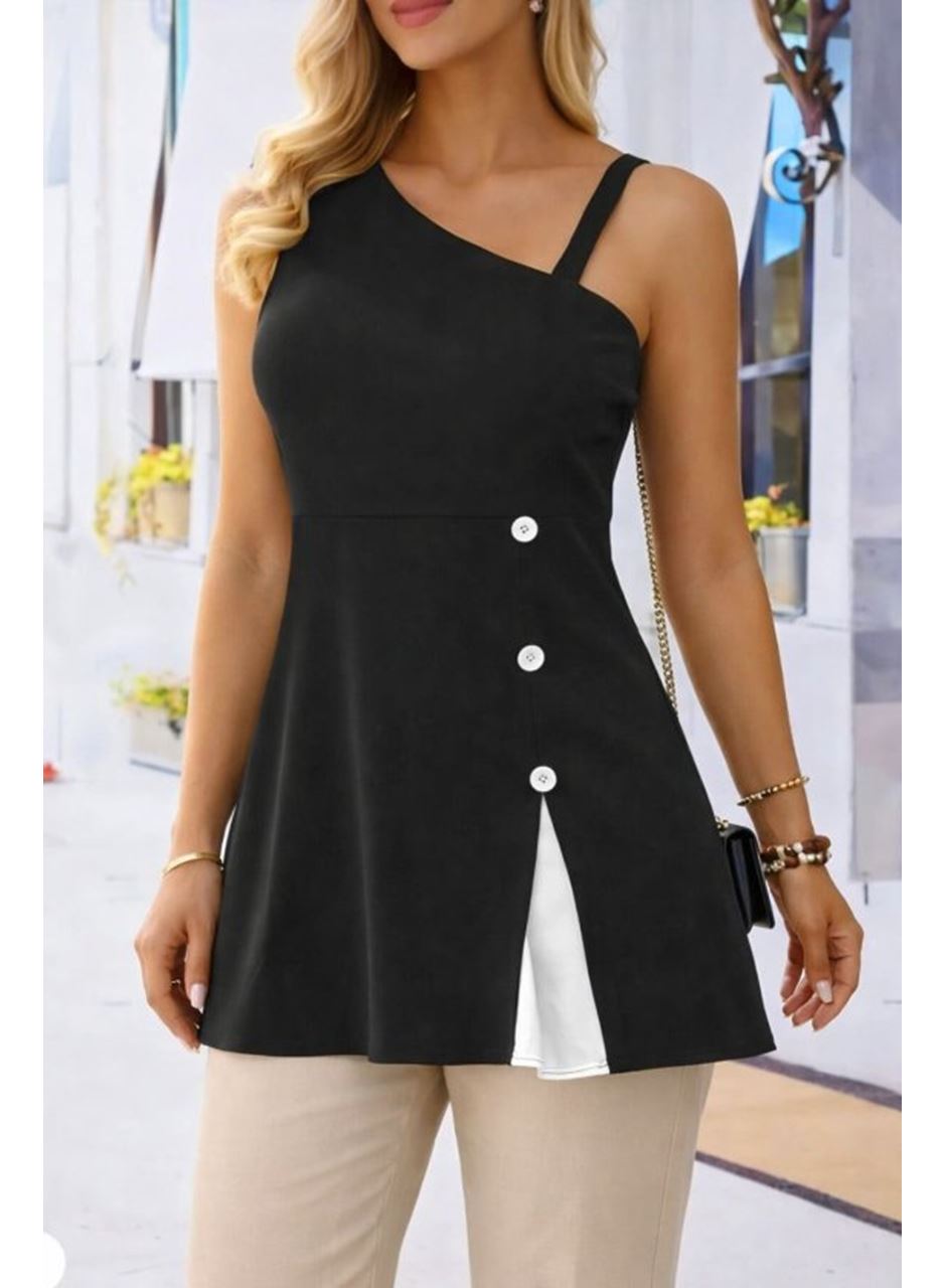 Kadın Tek Omuzdan Askılı şerit Detaylı Düğmeli Viskon Bluz