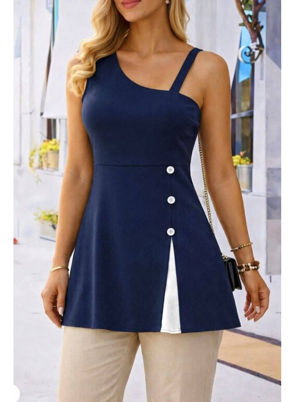 Kadın Tek Omuzdan Askılı şerit Detaylı Düğmeli Viskon Bluz