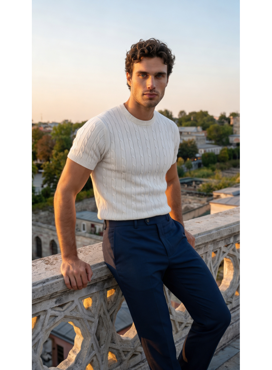 Erkek Örgü Desen Bisiklet Yaka Triko Tişört - %100 Pamuk Akrilik