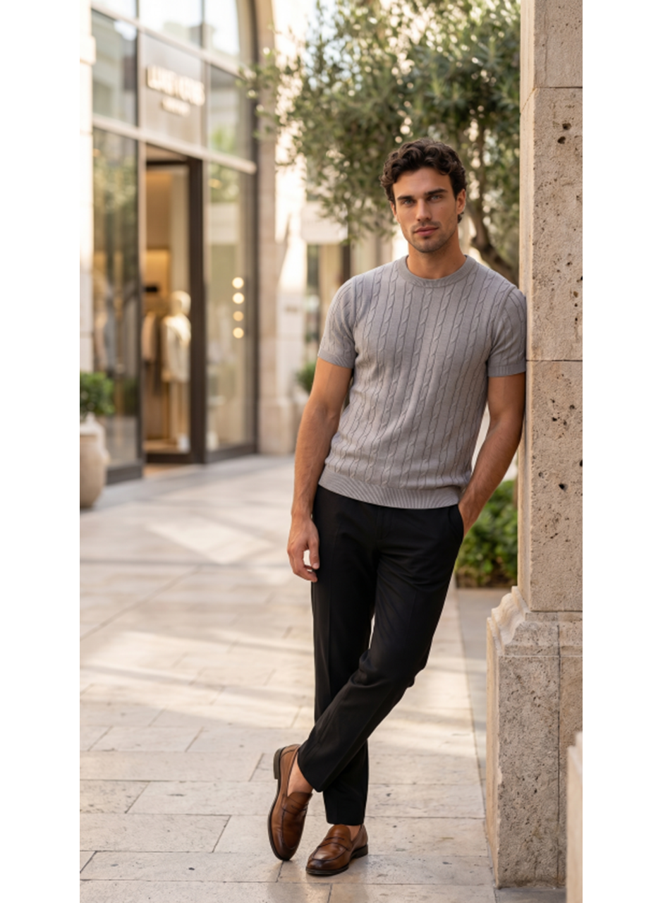 Erkek Örgü Desen Bisiklet Yaka Triko Tişört - %100 Pamuk Akrilik