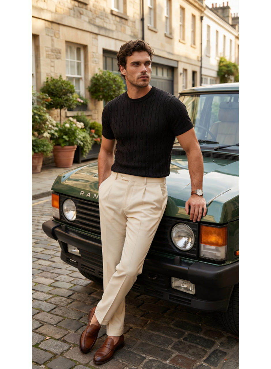 Erkek Örgü Desen Bisiklet Yaka Triko Tişört - %100 Pamuk Akrilik