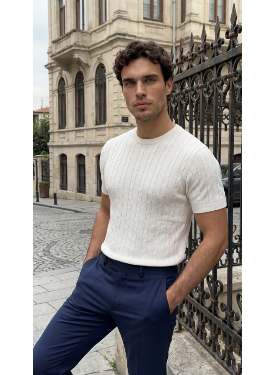 Erkek Örgü Desen Bisiklet Yaka Triko Tişört - %100 Pamuk Akrilik