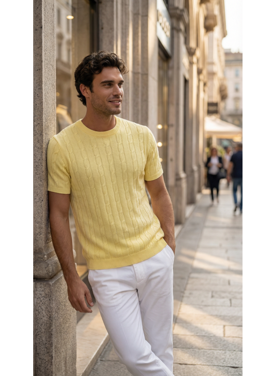 Erkek Örgü Desen Bisiklet Yaka Triko Tişört - %100 Pamuk Akrilik