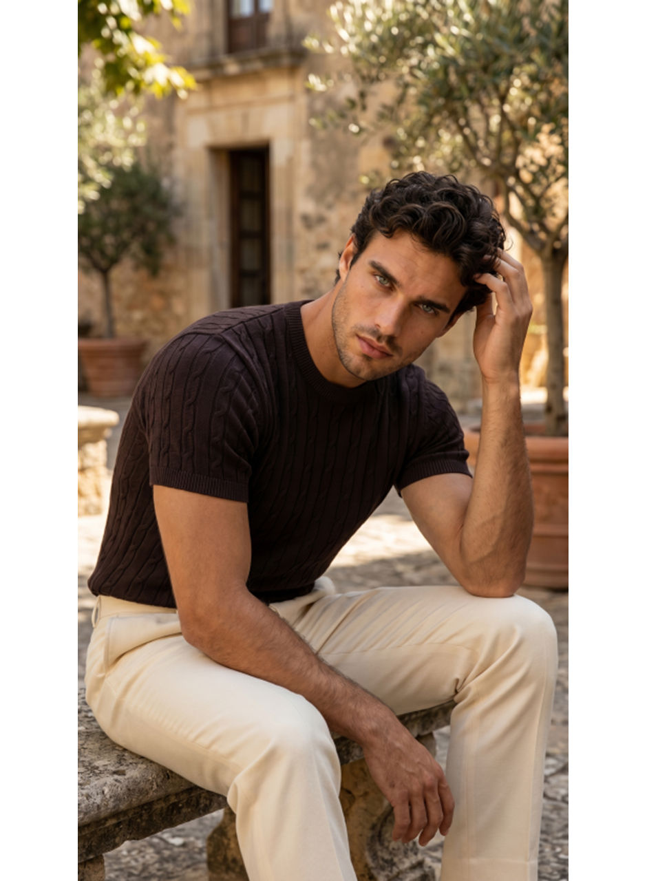 Erkek Örgü Desen Bisiklet Yaka Triko Tişört - %100 Pamuk Akrilik