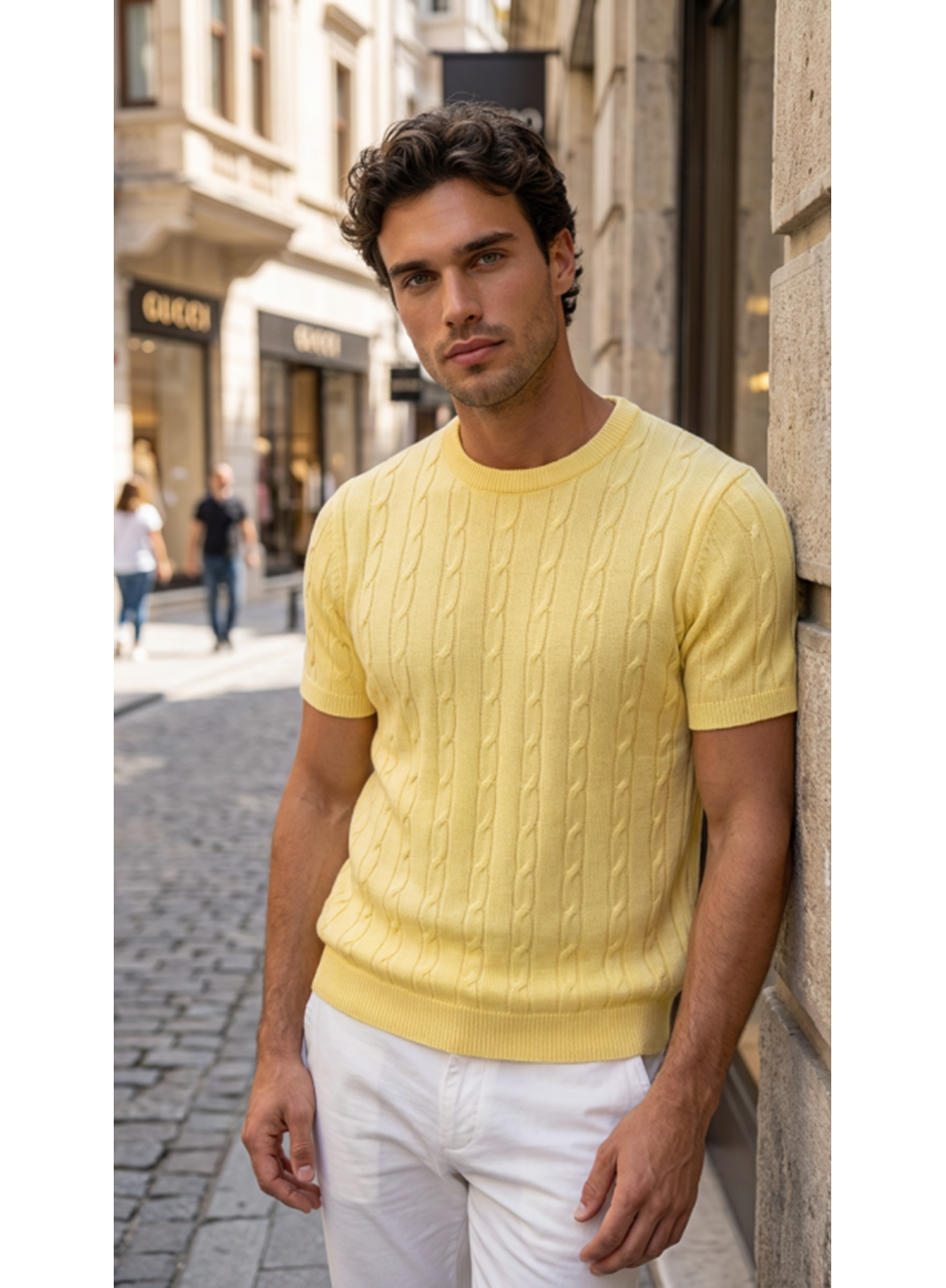 Erkek Örgü Desen Bisiklet Yaka Triko Tişört - %100 Pamuk Akrilik