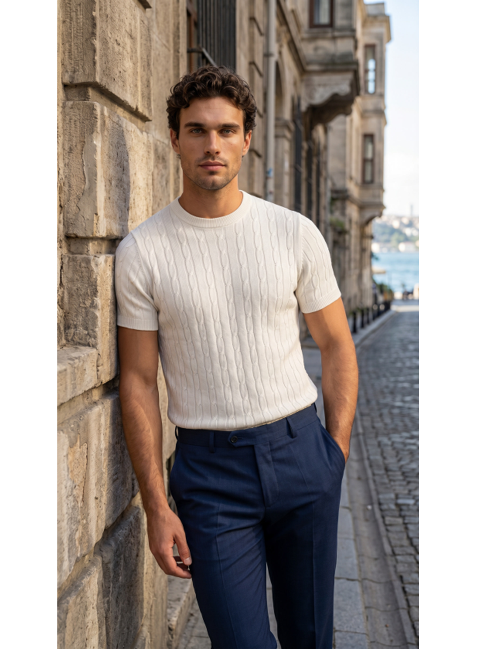 Erkek Örgü Desen Bisiklet Yaka Triko Tişört - %100 Pamuk Akrilik