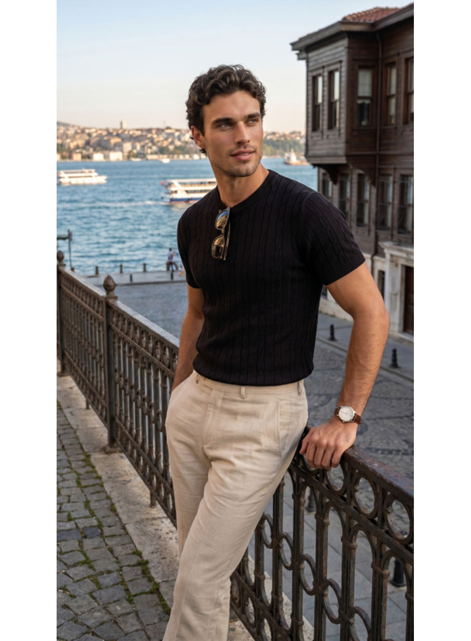 Erkek Örgü Desen Bisiklet Yaka Triko Tişört - %100 Pamuk Akrilik