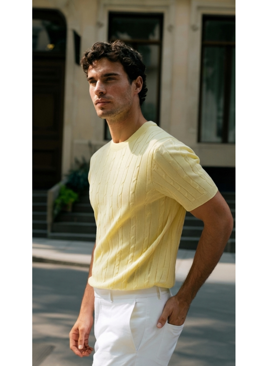 Erkek Örgü Desen Bisiklet Yaka Triko Tişört - %100 Pamuk Akrilik