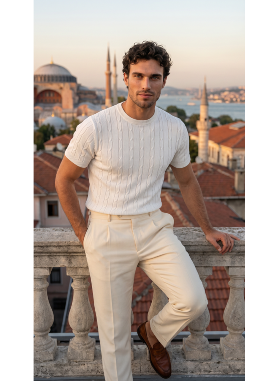 Erkek Örgü Desen Bisiklet Yaka Triko Tişört - %100 Pamuk Akrilik